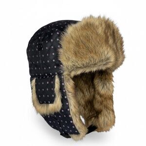 J. MCLAUGHLIN Real Fur Trapper Hat XS/S Black Quilted Silk Polka Dot Aviator Cap